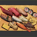Assorted Sushi Platter With Fresh Sashimi Nigiri Maki Rolls And Seafood On Wooden Tray